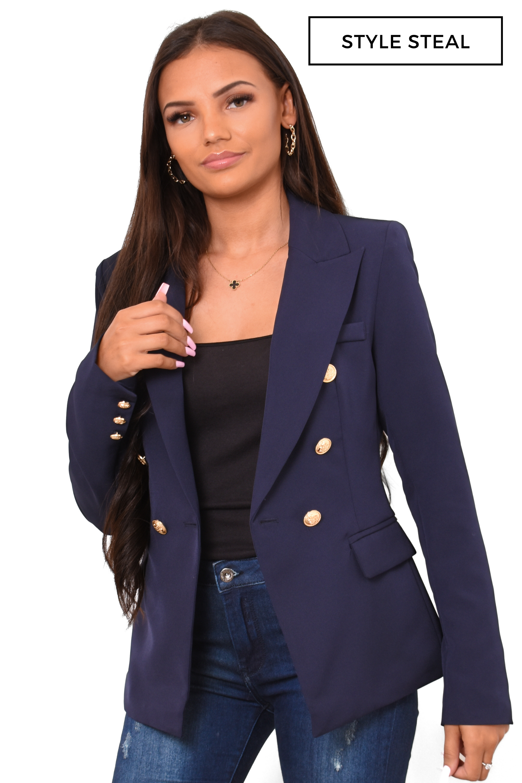 Navy blue blazer with gold buttons dupe for Michelle Keegan's Fool Me Once character Maya